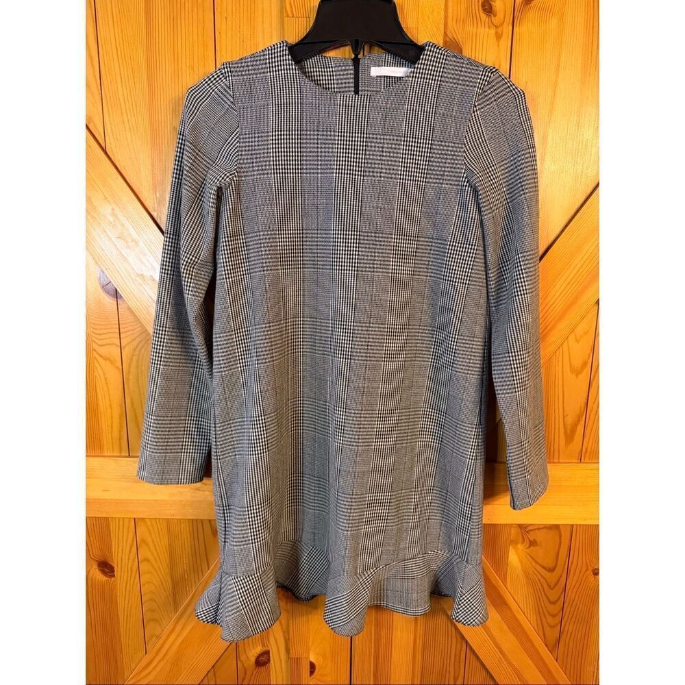 Zara Houndstooth Long Sleeve Ruffle Hem Mini Dress Black White Size XS (6486)